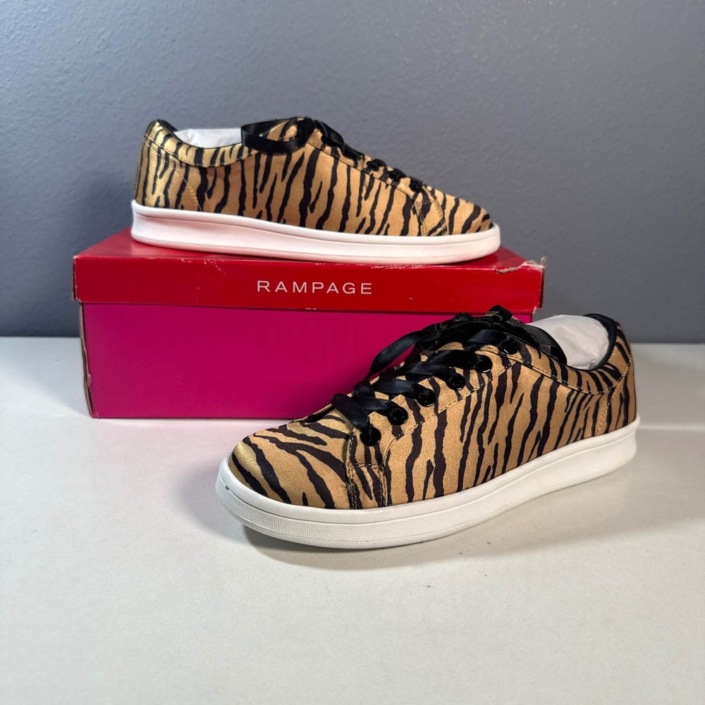 Rampage Sneakers Women Gold New Tiger Print Satin Ribbon Lace Up Low Top. Size 9